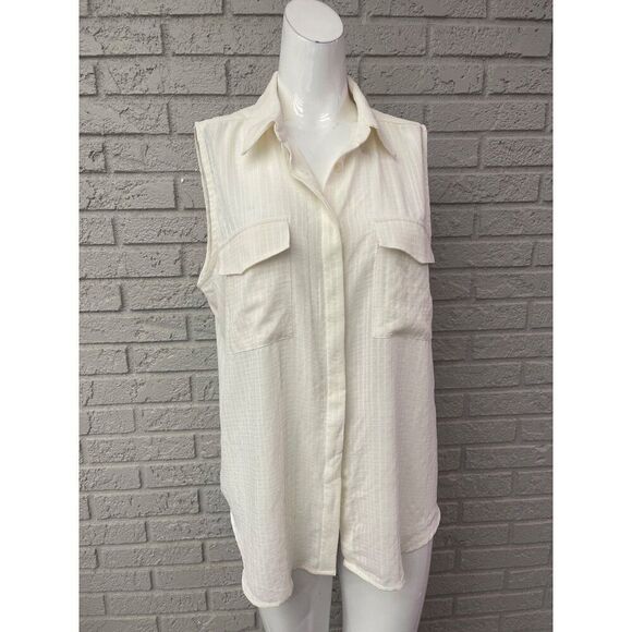 Ann Taylor Women Ivory Sleeveless Textured Utility Button Down Shirt Size L - Picture 1 of 10